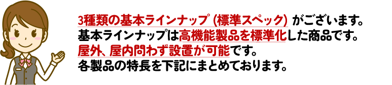基本ラインナップは高機能モデルを標準化した商品です。
